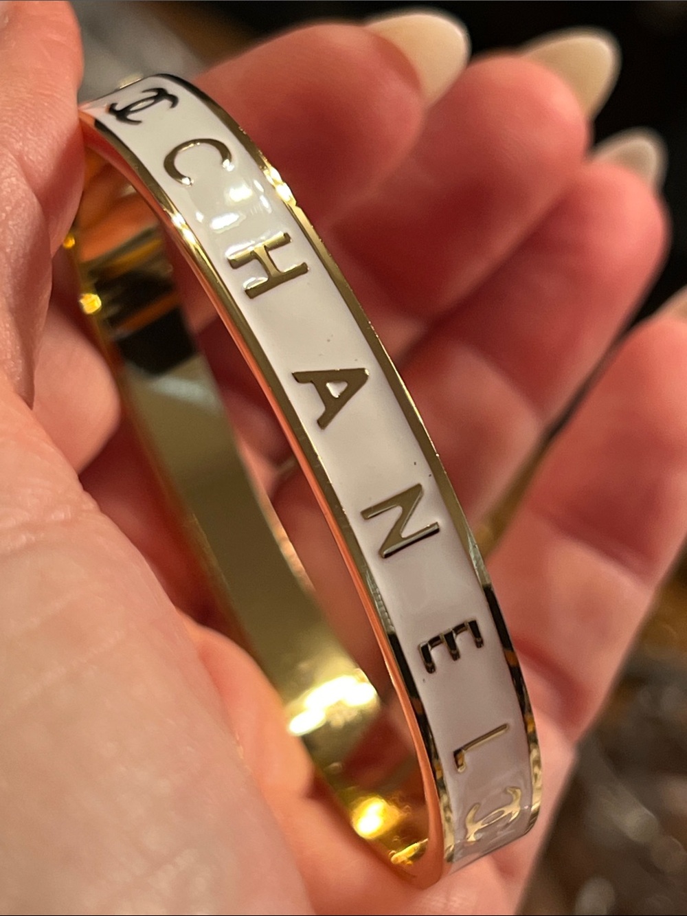 White Enamel and Gold-Tone Logo Bangle Bracelet